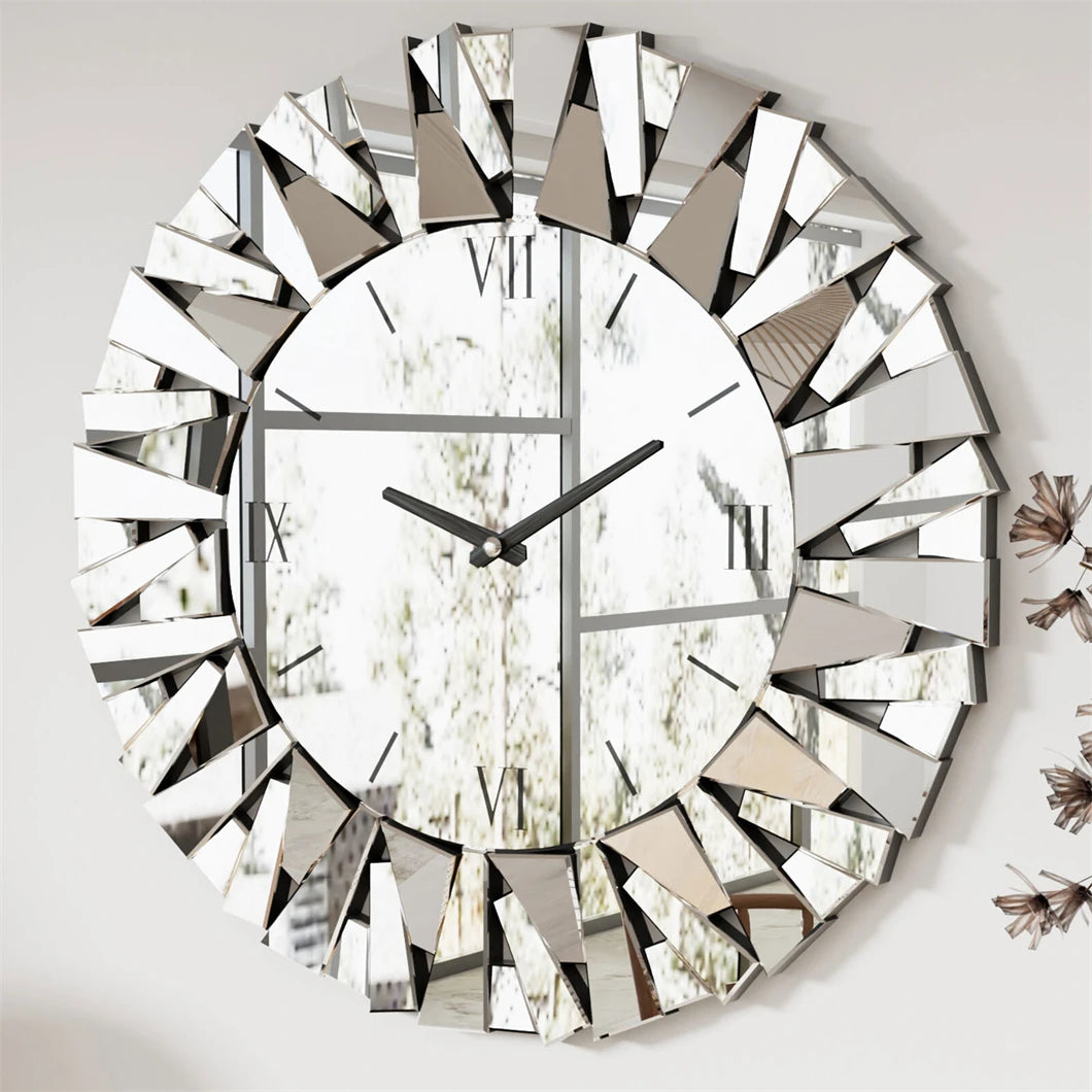Mirror Sunburst Wall Clock 3D Round Roman Numeral Modern Decor