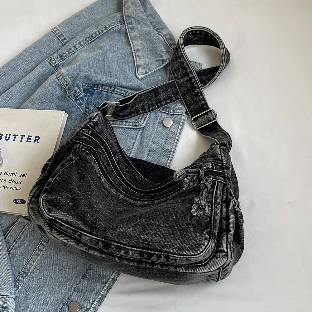 NONECN Denim Hobo Shoulder Bag Women Crossbody Messenger
