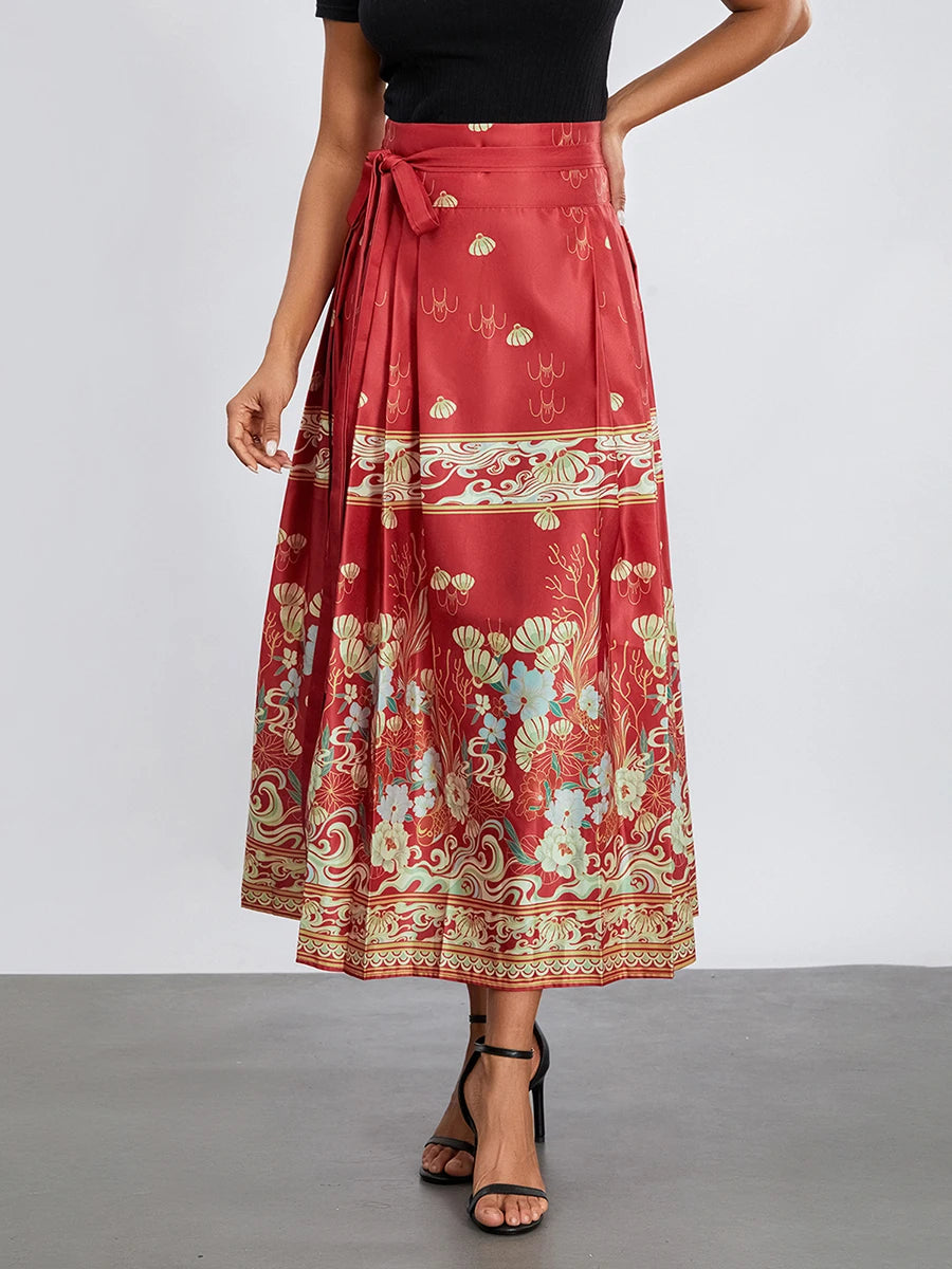 hirigin Women's Velvet Pleated Tie Waist A-Line Skirt