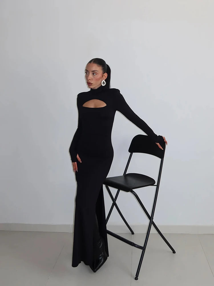 Ahagaga Sexy Sheath Women's Maxi Dresses Solid Turtleneck Regular Long Sleeves Hollow Out Slim Fit Bodycon Party Vestidos Robes