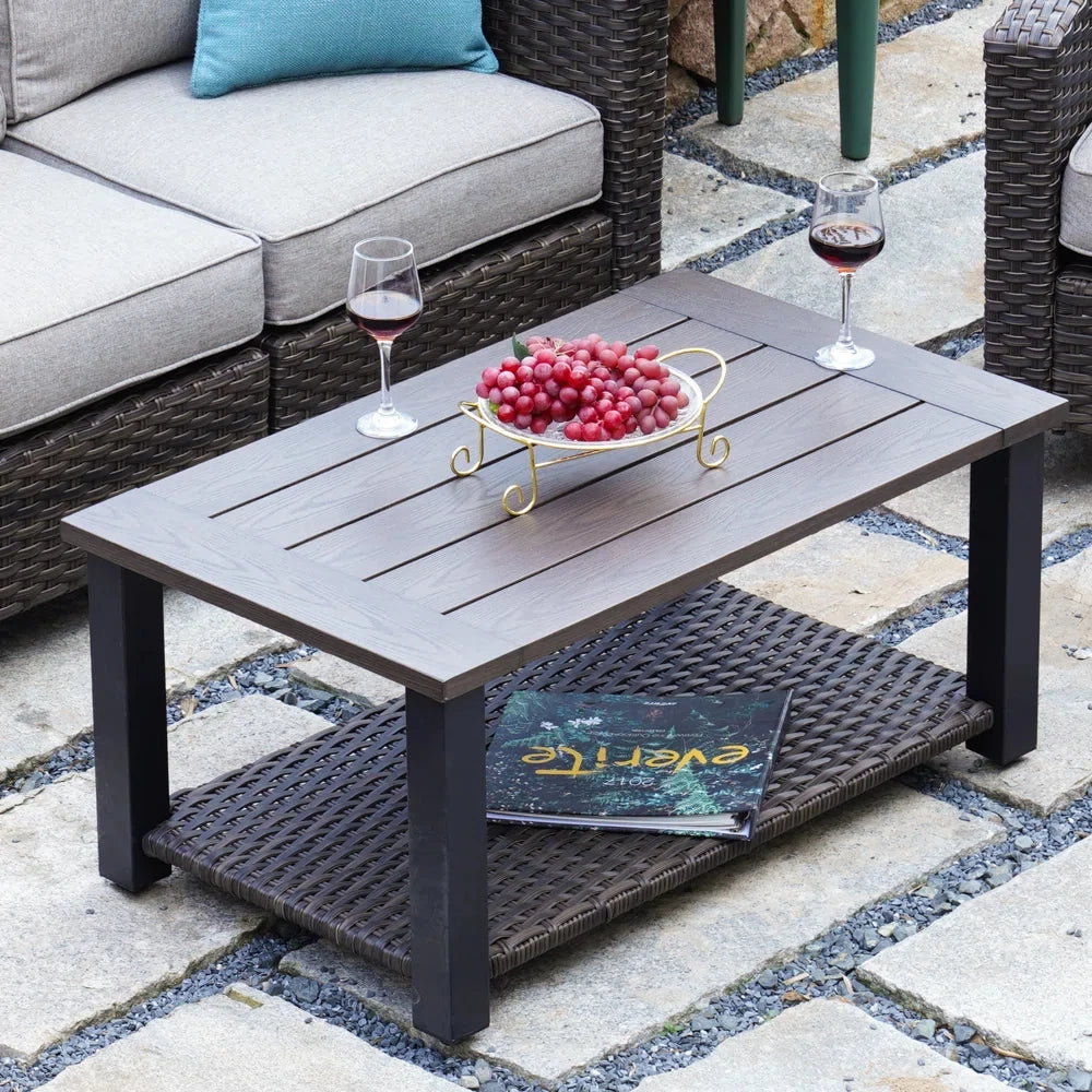 Outdoor Coffee Table with Wicker Shelf Storage, 40-inch Rectangle Modern Patio Coffee Table with Faux Wood Tabletop