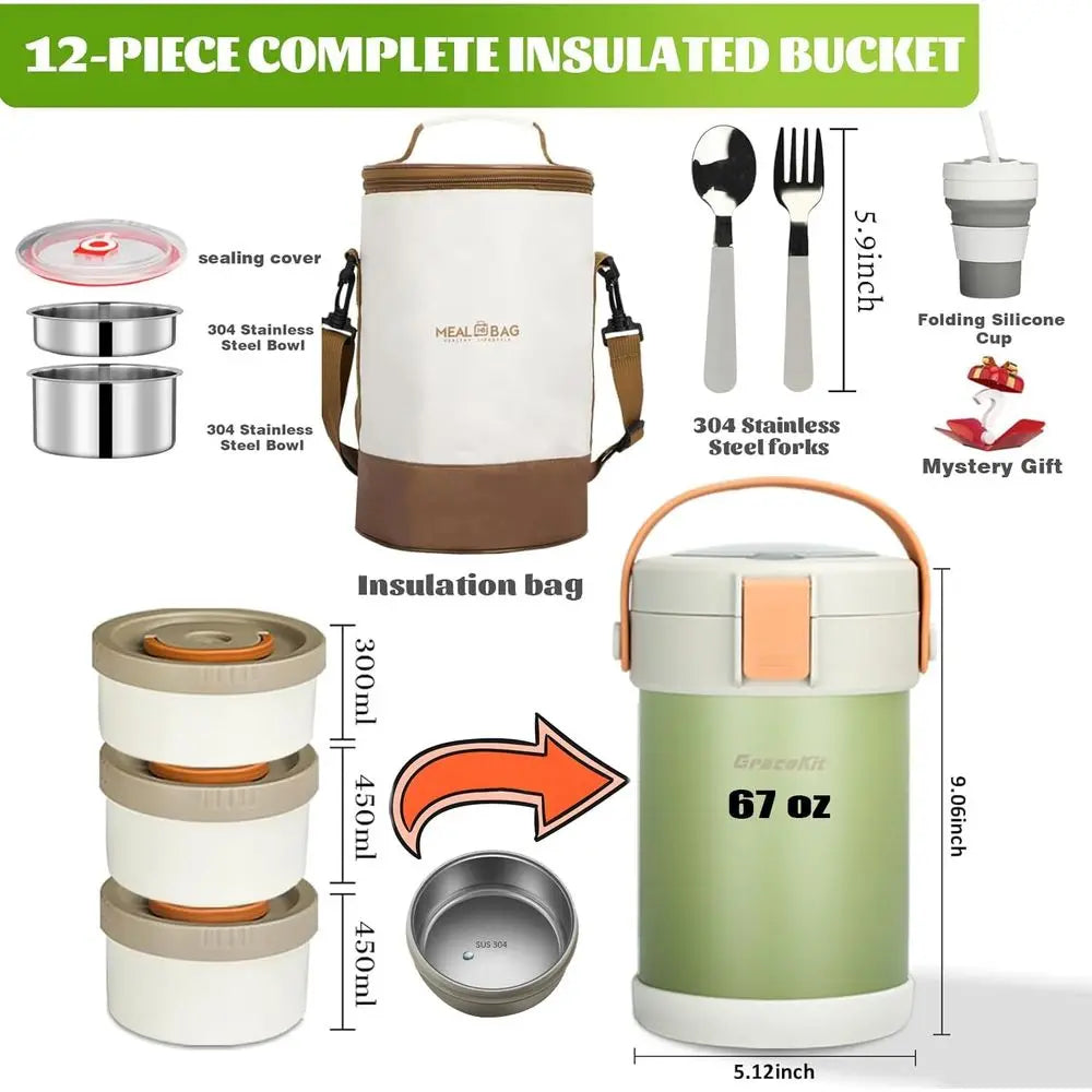 Adults Thermo or Hot Food Kit 2L 9.06in 3 Layer Stainless Steel Vacuum Soup Food Thermo Hot Food Jar Bento Box for Men, Women, S