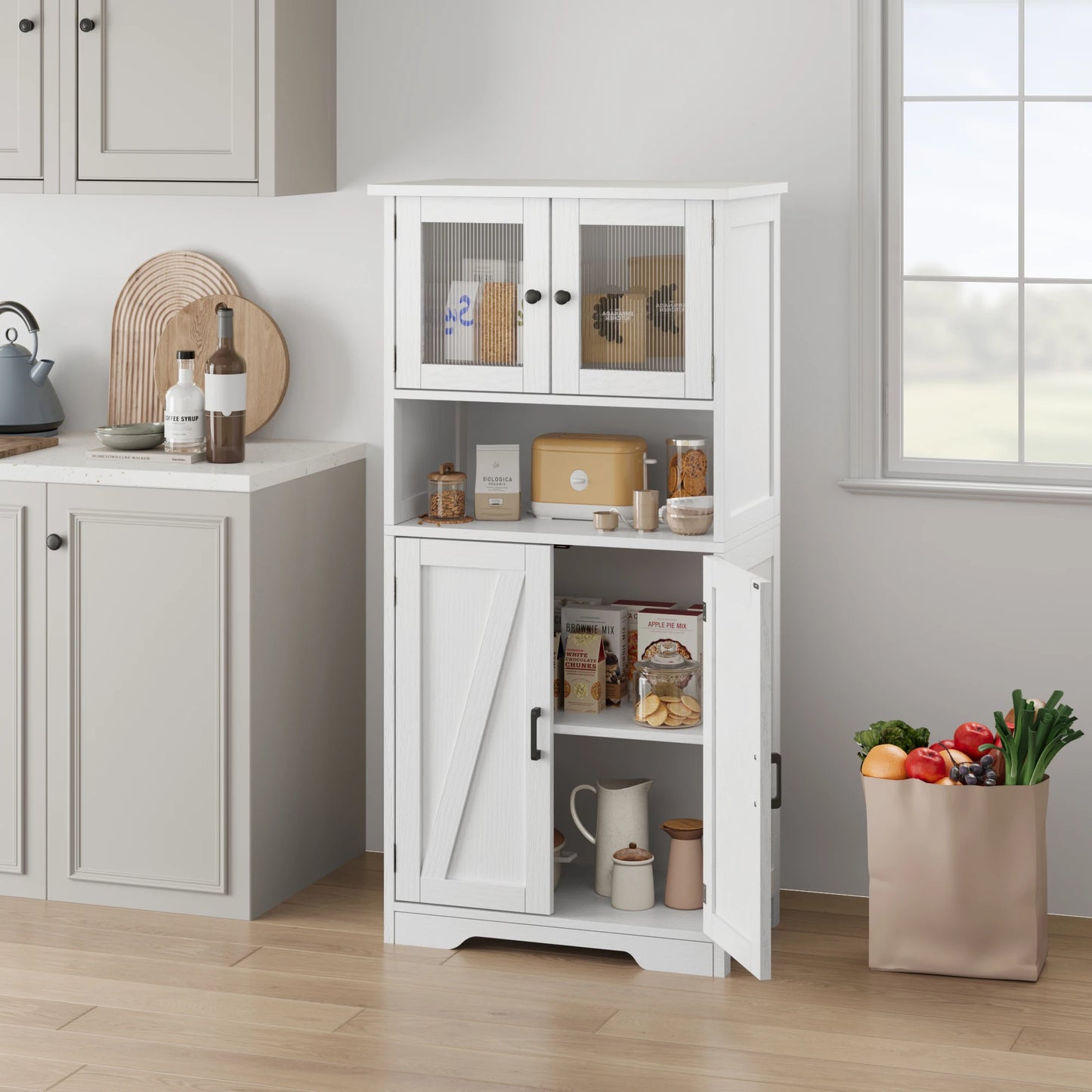 Free Standing Kitchen Pantry Cupboard with 4 Doors and Open Space 128cm Bathroom Tall Cabinet with Tempered Glass Doors