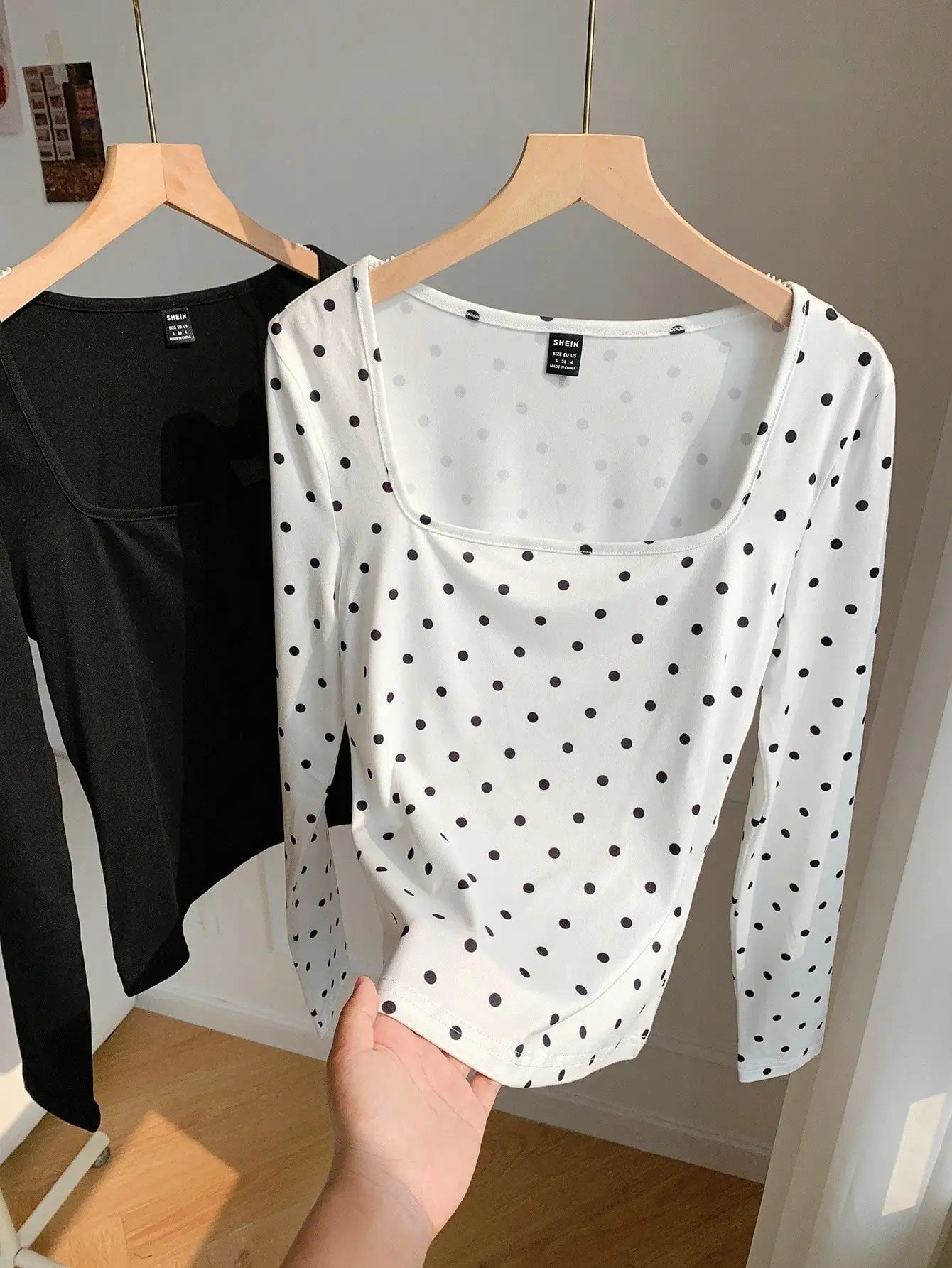 2-Pack Women's Square Neck Long Sleeve Fitted T-Shirts - Black & White, Casual Basic Tops for Autumn Winter