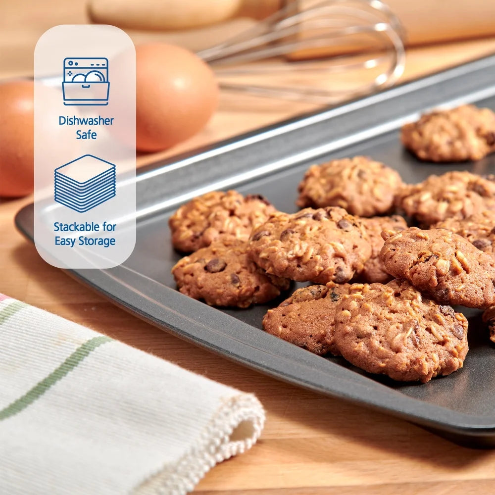 3PC Nonstick Cookie Sheet Set Durable Steel Construction Easy Release Perfect Baking Tasks