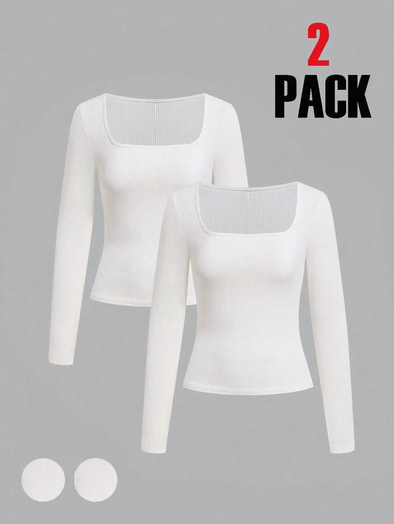2-Pack Women's Square Neck Long Sleeve Fitted T-Shirts - Black & White, Casual Basic Tops for Autumn Winter