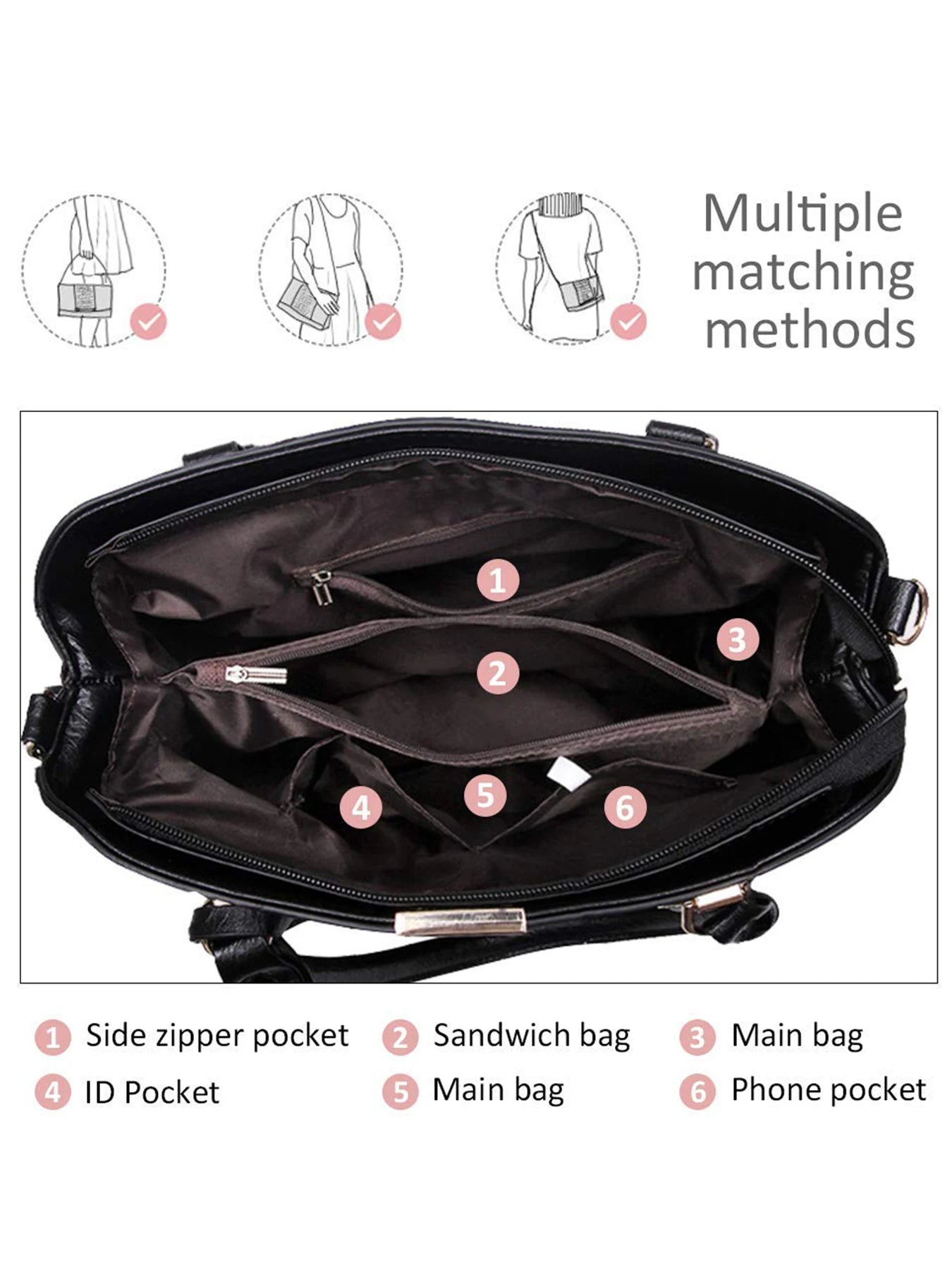 Women PU Leather Handbag Satchel Tote With Adjustable Handle