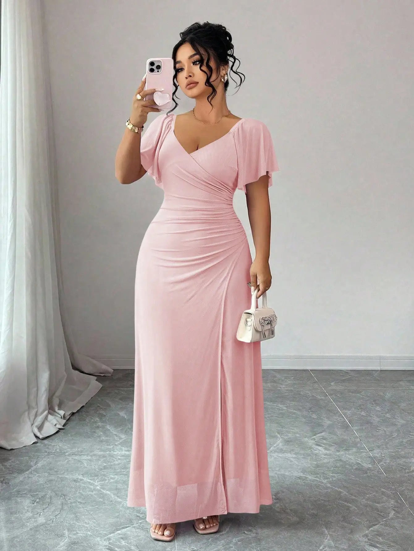 Lavender V-Neck Ruffle Sleeve Pleated Maxi Dress for Bridesmaid Wedding Party Formal Occasion