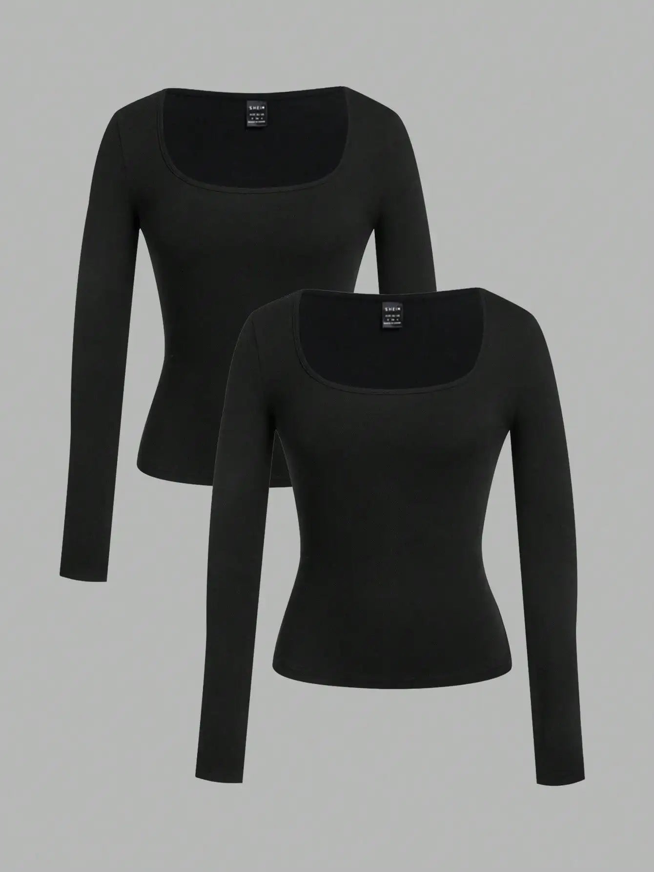 2-Pack Women's Square Neck Long Sleeve Fitted T-Shirts - Black & White, Casual Basic Tops for Autumn Winter