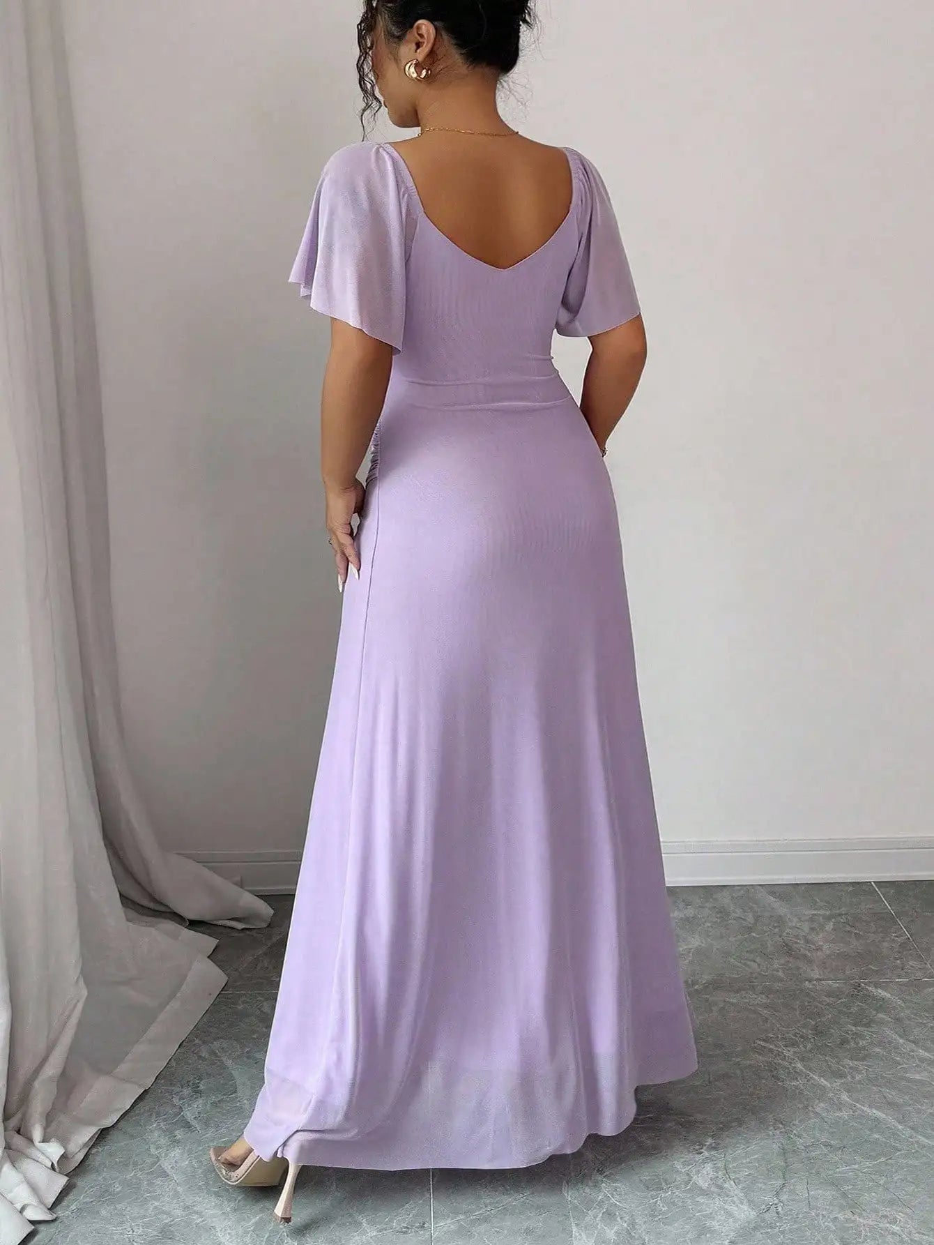 Lavender V-Neck Ruffle Sleeve Pleated Maxi Dress for Bridesmaid Wedding Party Formal Occasion