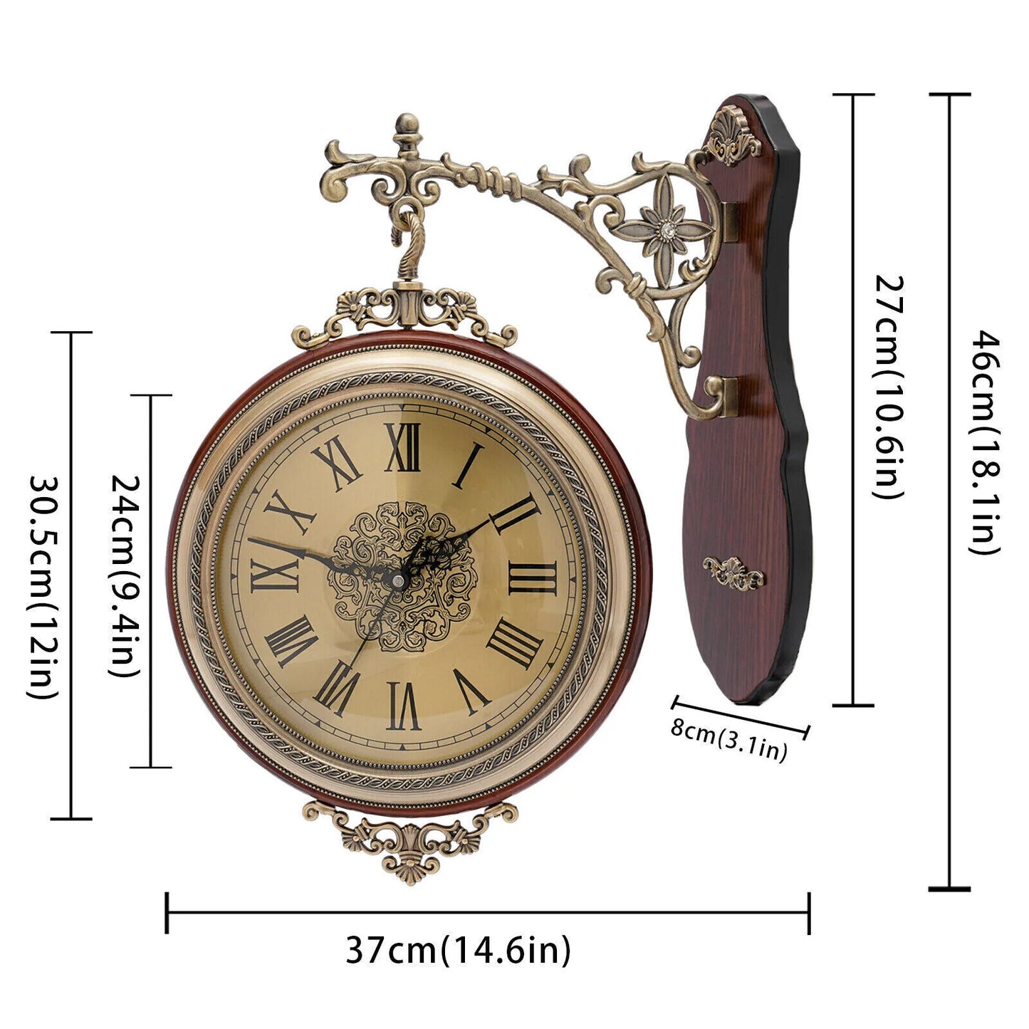 Wooden Double-Sided Wall Clock, Battery Operated, Silent Movement