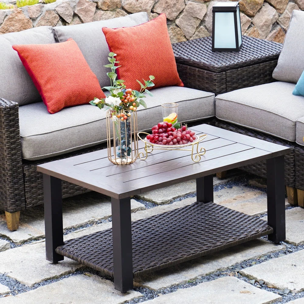 Outdoor Coffee Table with Wicker Shelf Storage, 40-inch Rectangle Modern Patio Coffee Table with Faux Wood Tabletop
