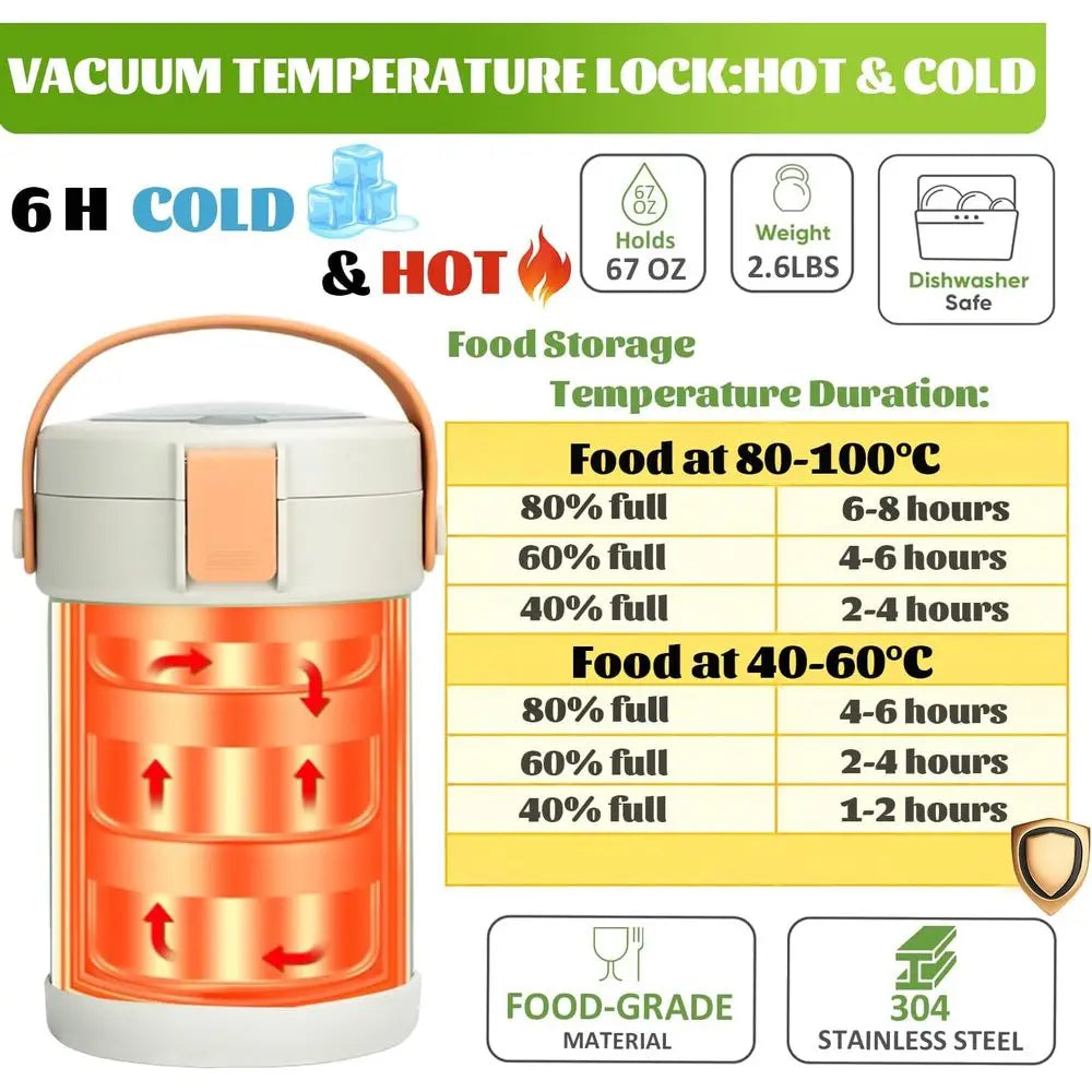 Adults Thermo or Hot Food Kit 2L 9.06in 3 Layer Stainless Steel Vacuum Soup Food Thermo Hot Food Jar Bento Box for Men, Women, S