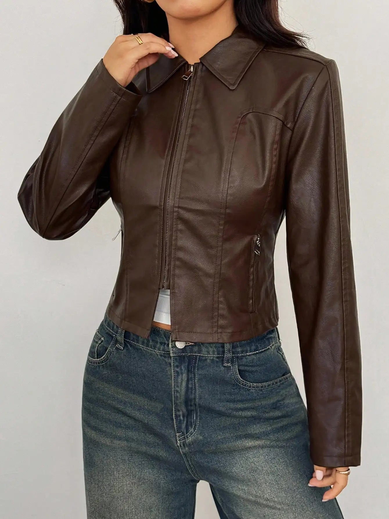 Women's Brown Faux Leather Bomber Jacket with Double Zipper, Short Fit for Fall Winter Casual Streetwear