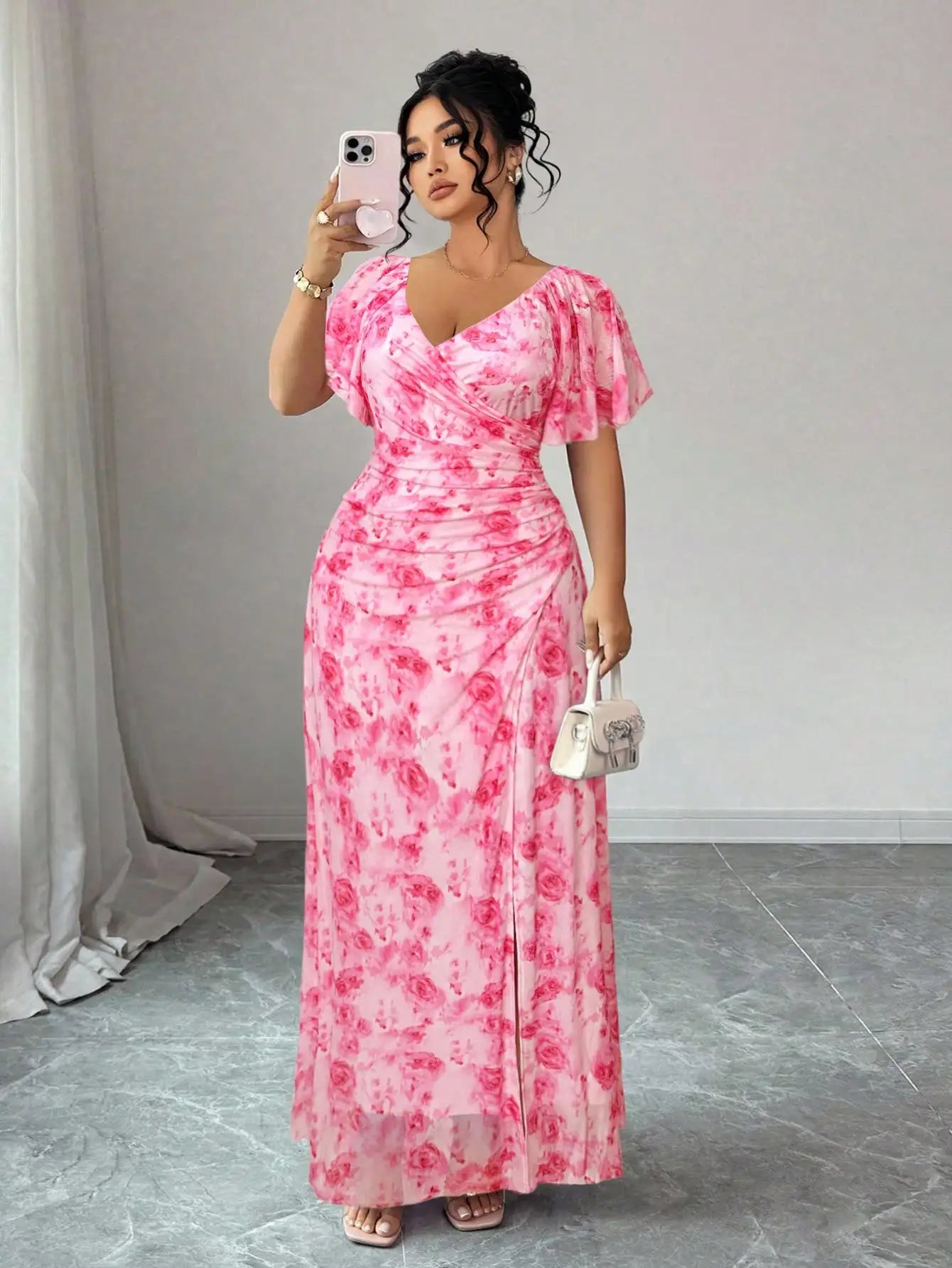 Lavender V-Neck Ruffle Sleeve Pleated Maxi Dress for Bridesmaid Wedding Party Formal Occasion