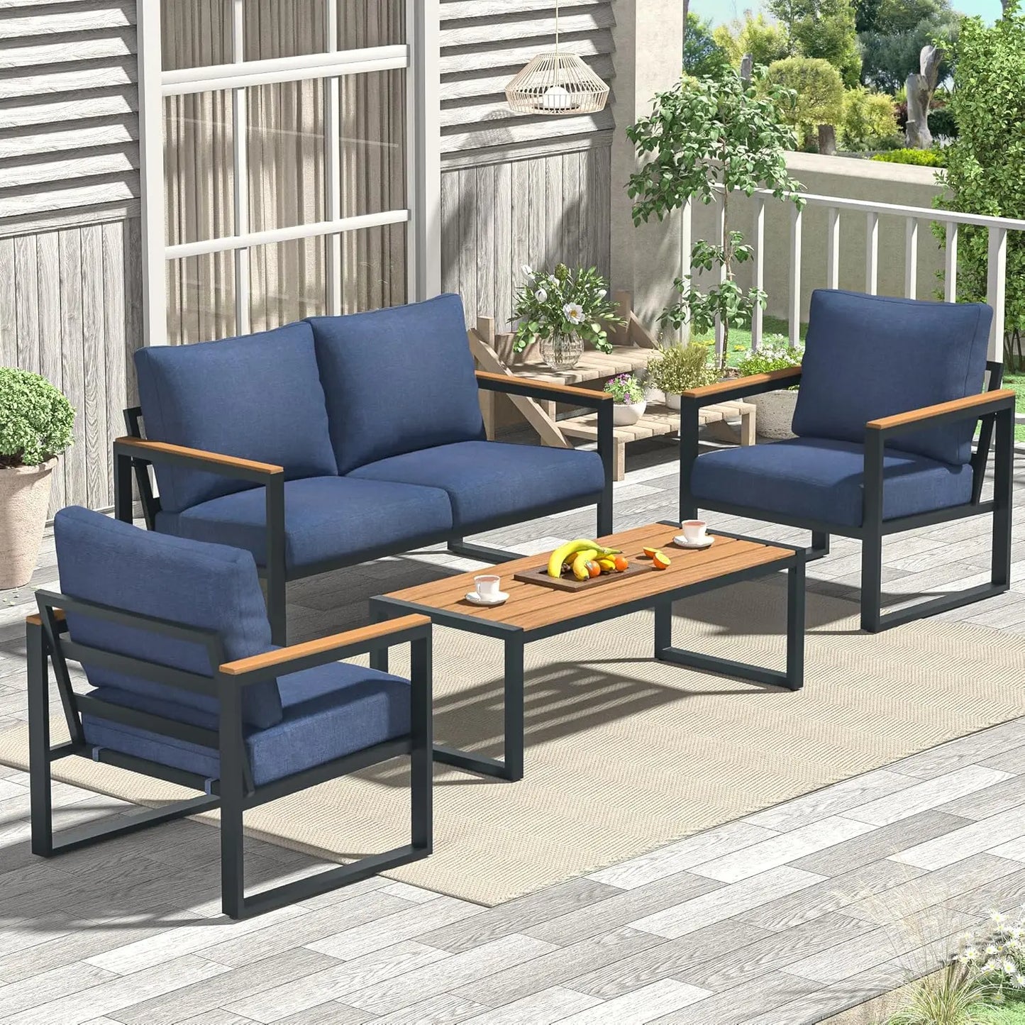 Patio Furniture Set, 4 Pieces Outdoor Patio Furniture with Coffee Table Set, Metal Patio Conversation Sets, Customized