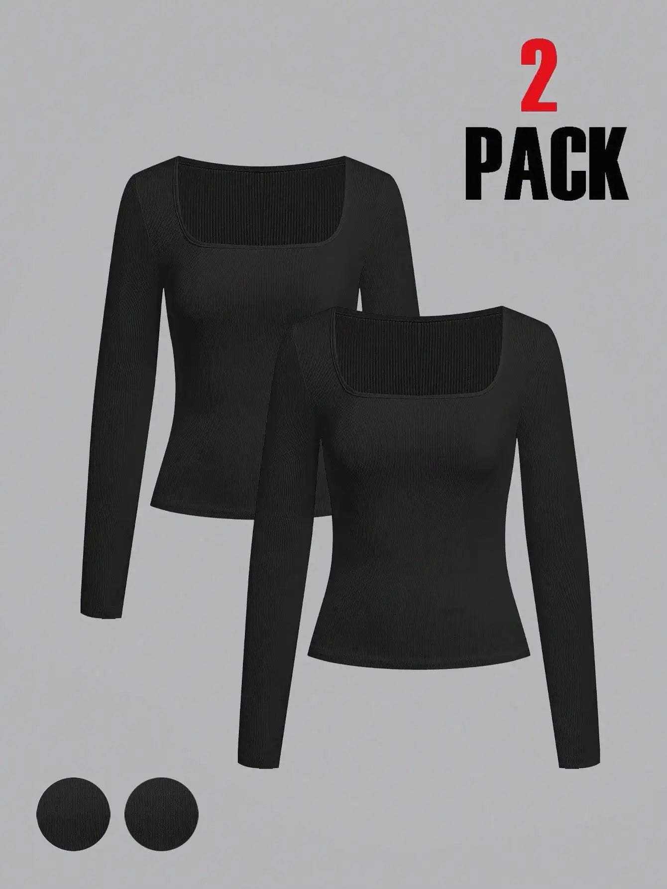 2-Pack Women's Square Neck Long Sleeve Fitted T-Shirts - Black & White, Casual Basic Tops for Autumn Winter