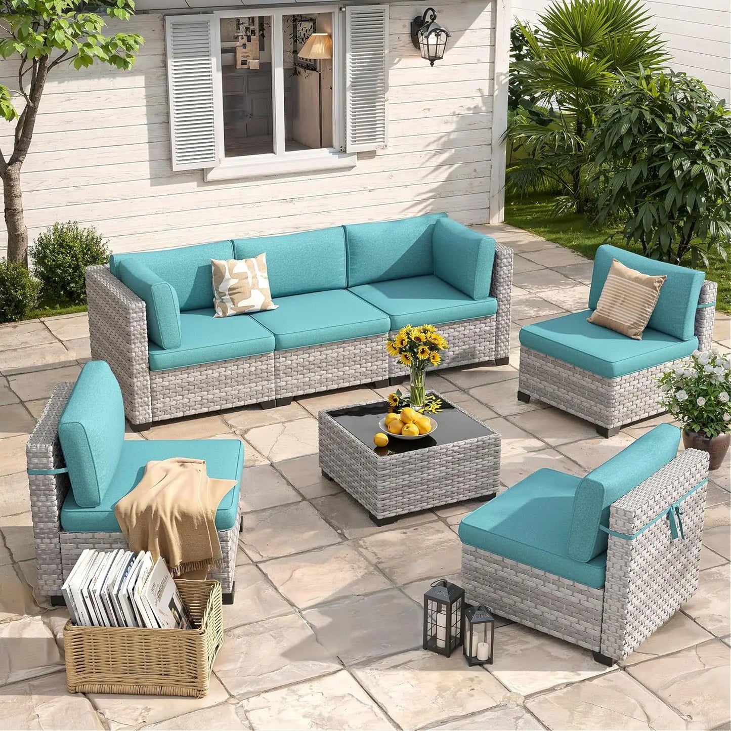 6-Seat Outdoor Wicker Sectional Sofa Set with Thick 4-Inch Cushions Dual-Strand PE Rattan Customizable Modular Patio Furniture