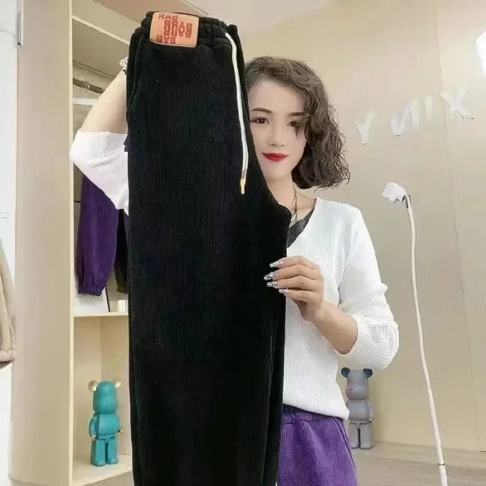 Fleece-Lined European Cotton Velvet Womens Warm Winter Sports Pants