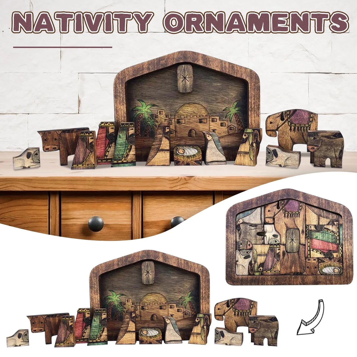 Wooden Nativity Puzzle Set With Burned Design Table Decor