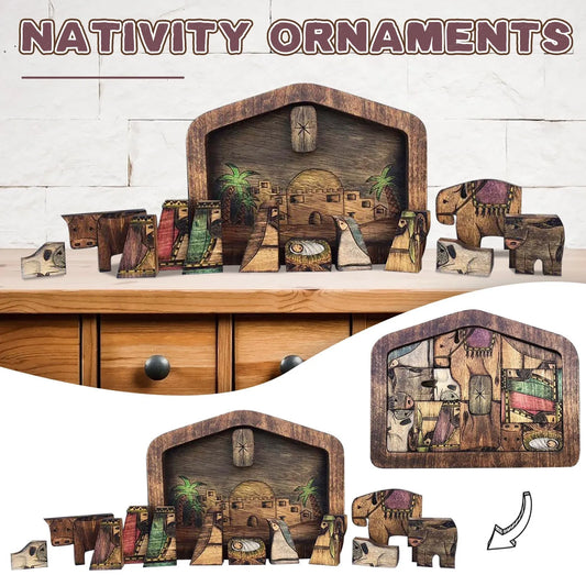 Wooden Nativity Puzzle Set With Burned Design Table Decor