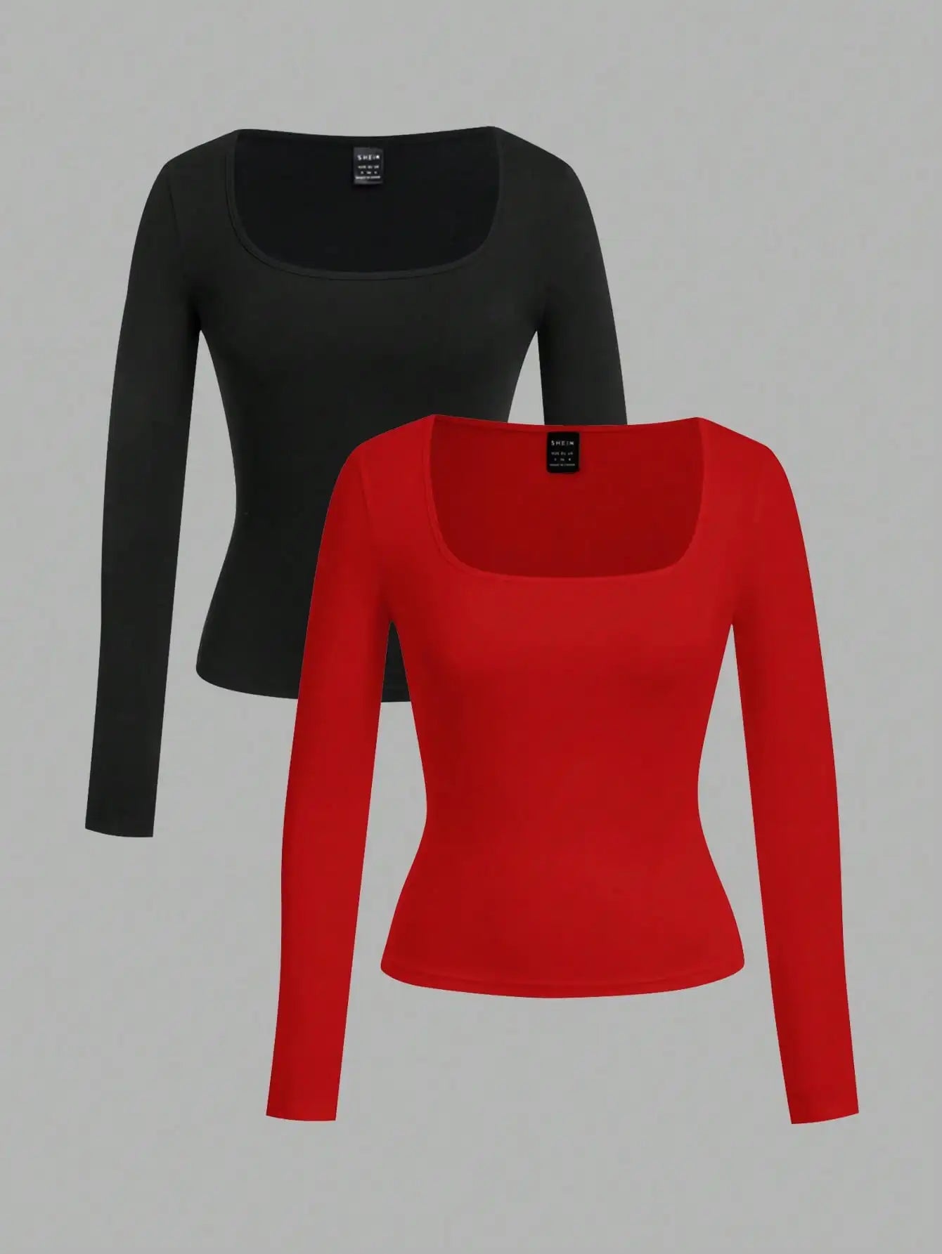 2-Pack Women's Square Neck Long Sleeve Fitted T-Shirts - Black & White, Casual Basic Tops for Autumn Winter