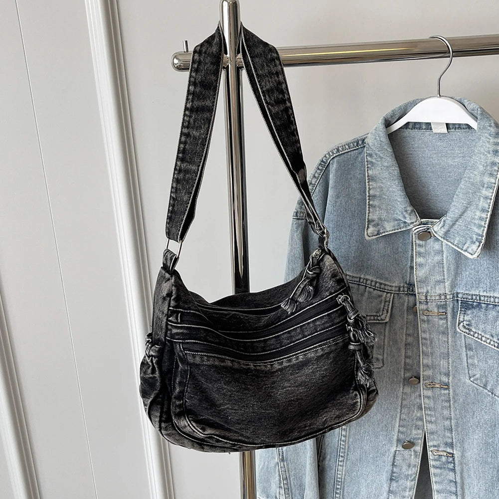NONECN Denim Hobo Shoulder Bag Women Crossbody Messenger