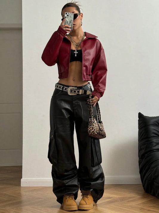 Women's Vintage Red PU Leather Cropped Jacket with Ribbed Cuffs, Street Style Bomber