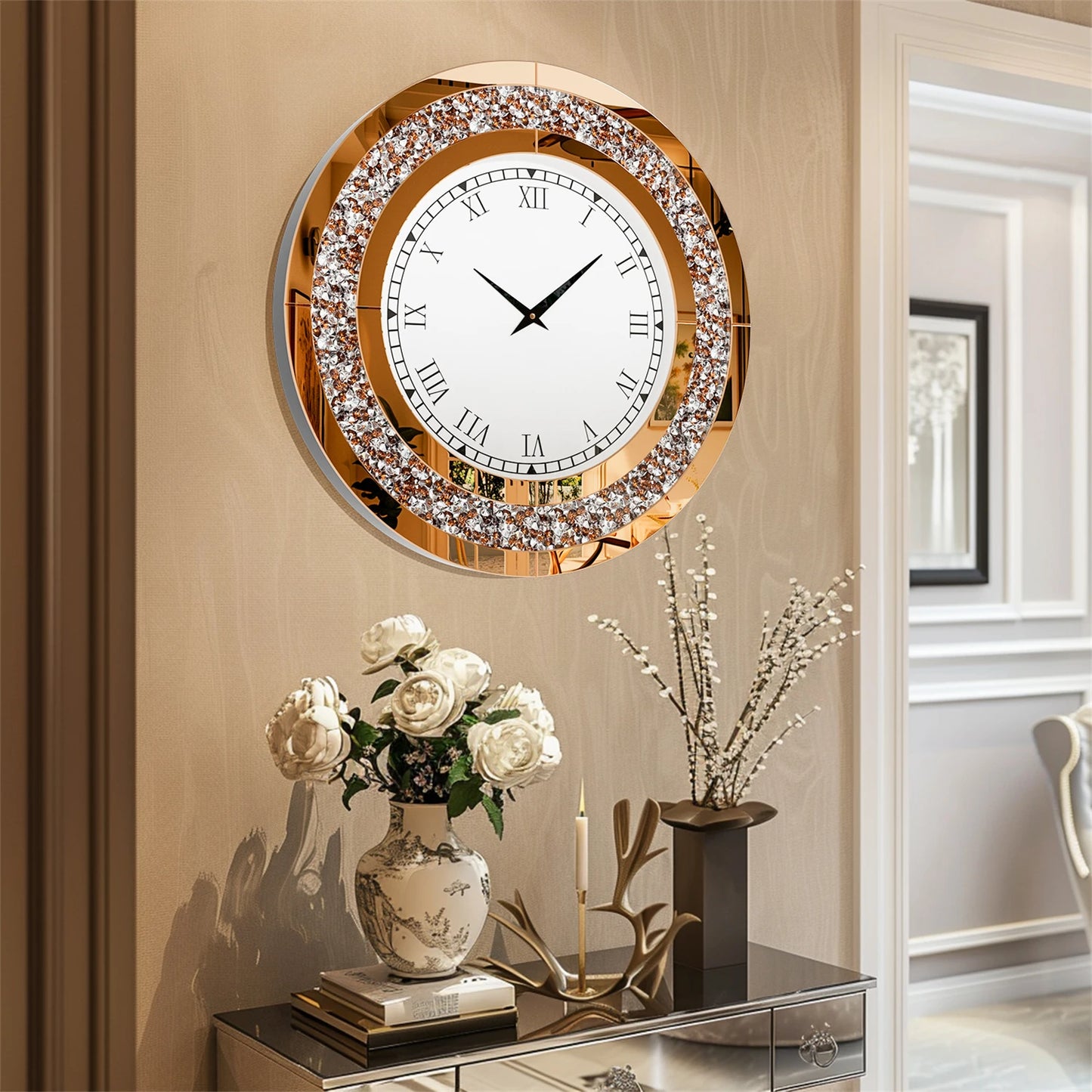 Bling Round Mirror Clock For Glam Sparkle Wall Decor