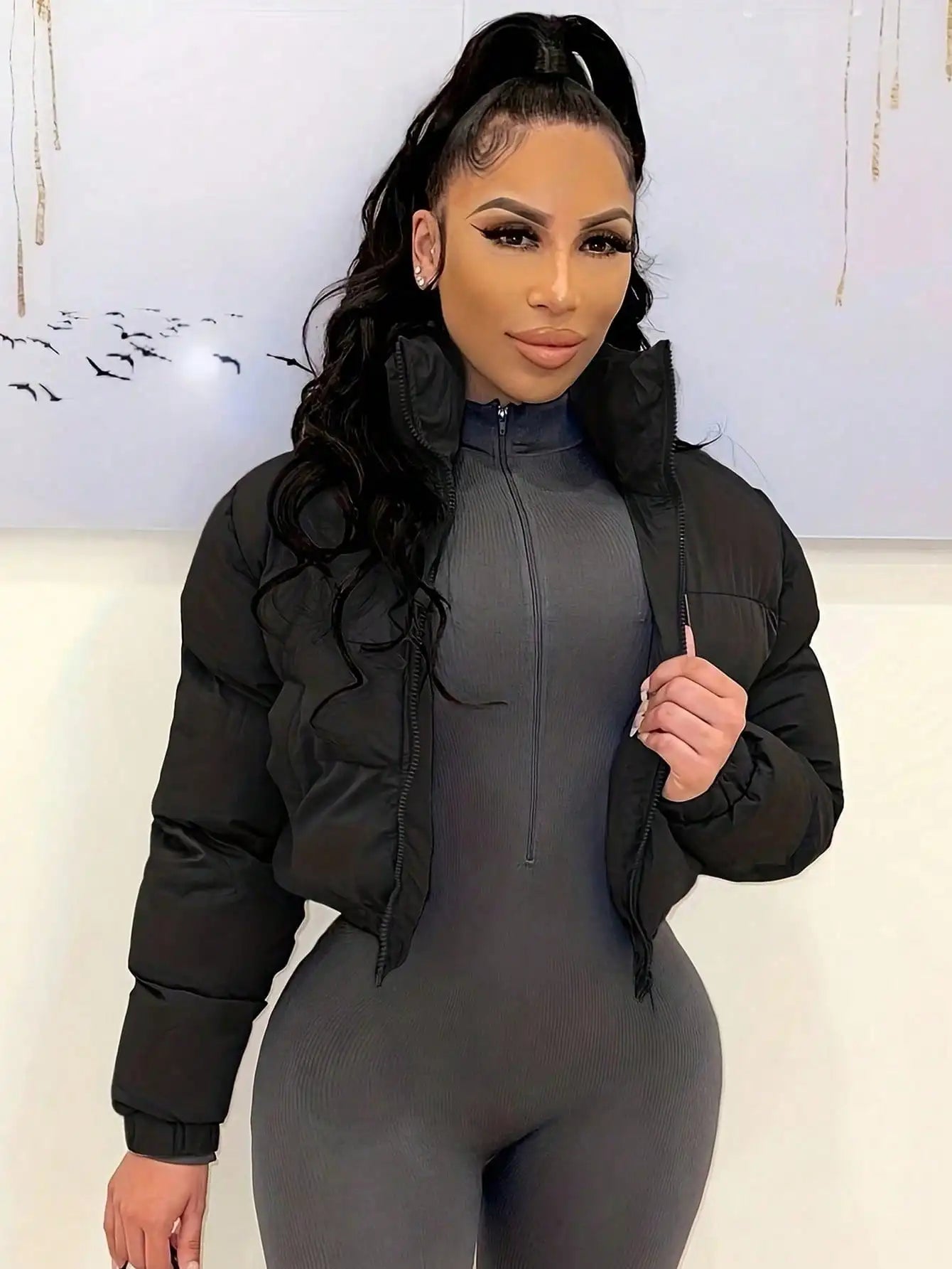 Women's Short Stand Collar Bomber Jacket with Zipper Front, Warm Puffer Style for Winter