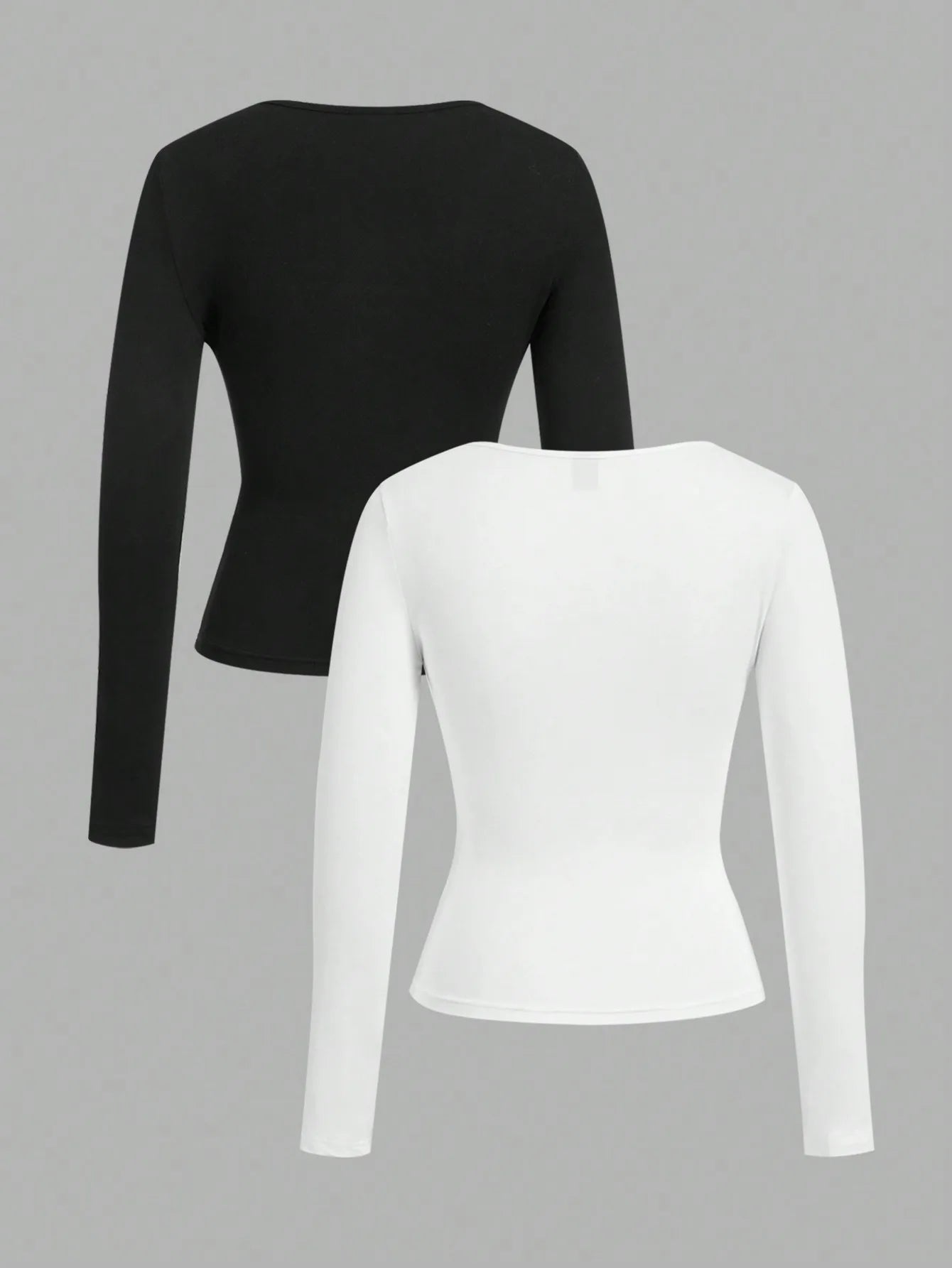 2-Pack Women's Square Neck Long Sleeve Fitted T-Shirts - Black & White, Casual Basic Tops for Autumn Winter