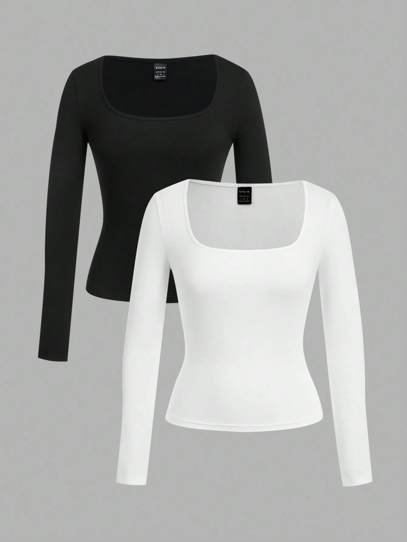 2-Pack Women's Square Neck Long Sleeve Fitted T-Shirts - Black & White, Casual Basic Tops for Autumn Winter
