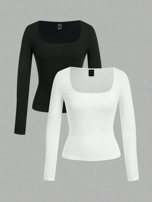 2-Pack Women's Square Neck Long Sleeve Fitted T-Shirts - Black & White, Casual Basic Tops for Autumn Winter