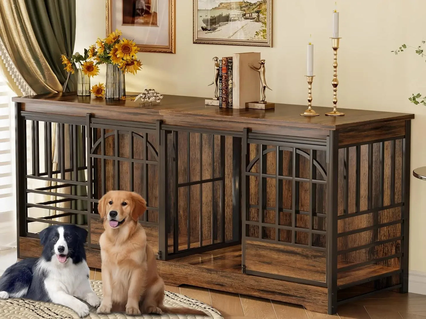 Double Dog Crate Furniture, Extra Large Dog Kennel Indoor with Divider, Heavy Duty Dog Cage for 2 Dogs, Decorative