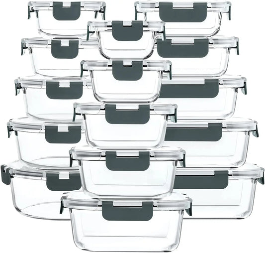 30-Piece Glass Food Storage Set with Snap Lids - Airtight, Microwave & Dishwasher Safe Meal Prep Containers