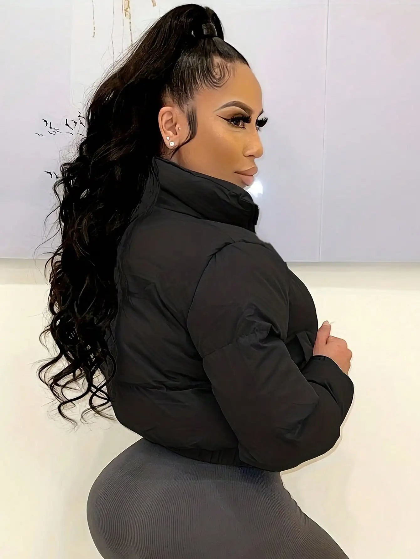 Women's Short Stand Collar Bomber Jacket with Zipper Front, Warm Puffer Style for Winter