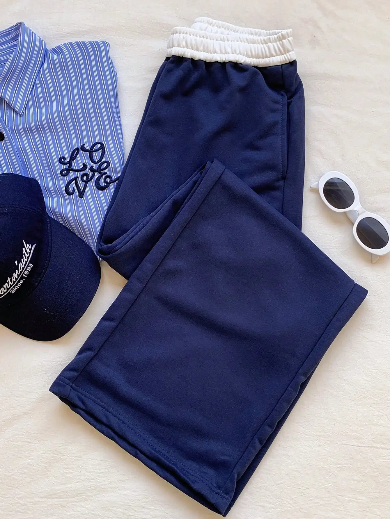 Navy Blue High-Waisted Loose Fit Sweatpants with Contrast Waistband