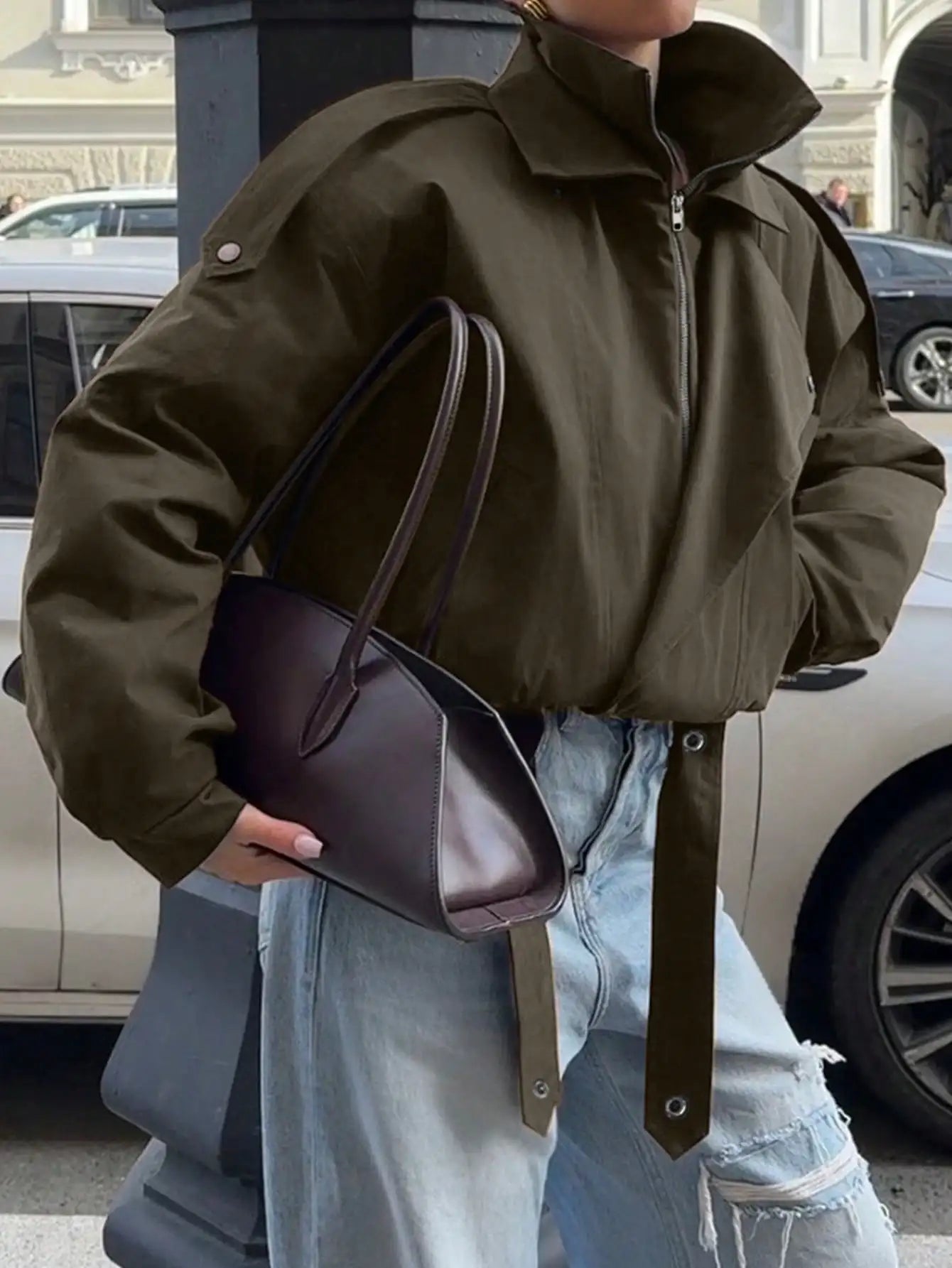 Burgundy Stand Collar Zip-Up Jacket with Waist Tie, Oversized Fit for Fall Winter Streetwear