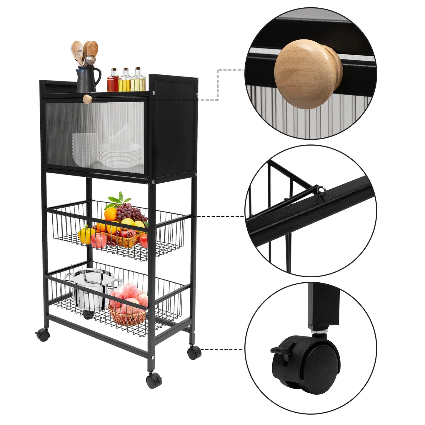 4-Storey Kitchen Storage Rack 55x27.5x96.5cm with Brake Casters Black/White - Organization Solution for Your Kitchen