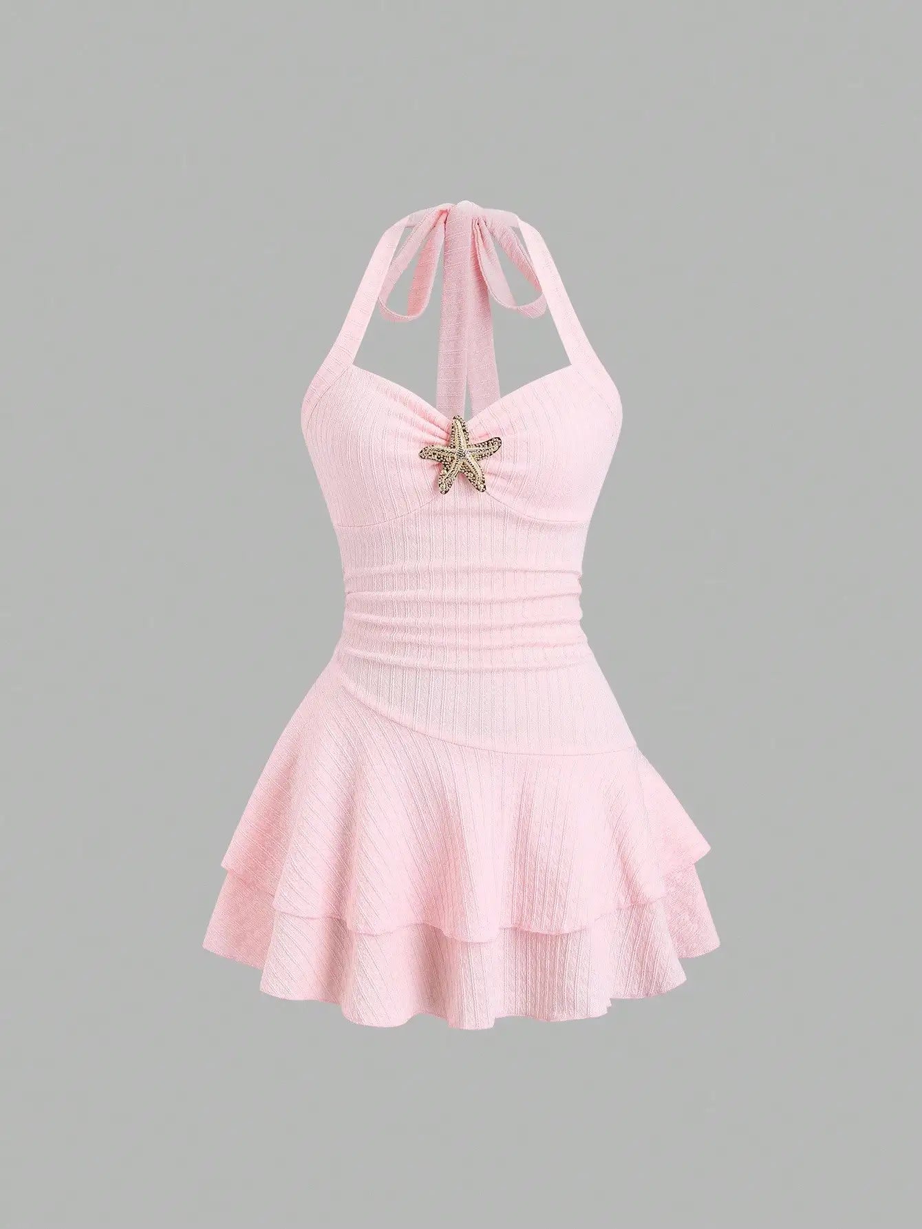 Women's Halter Neck Beach Mini Dress with Starfish Decor, Ruched Bust & Layered Ruffle Hem, Spring Summer