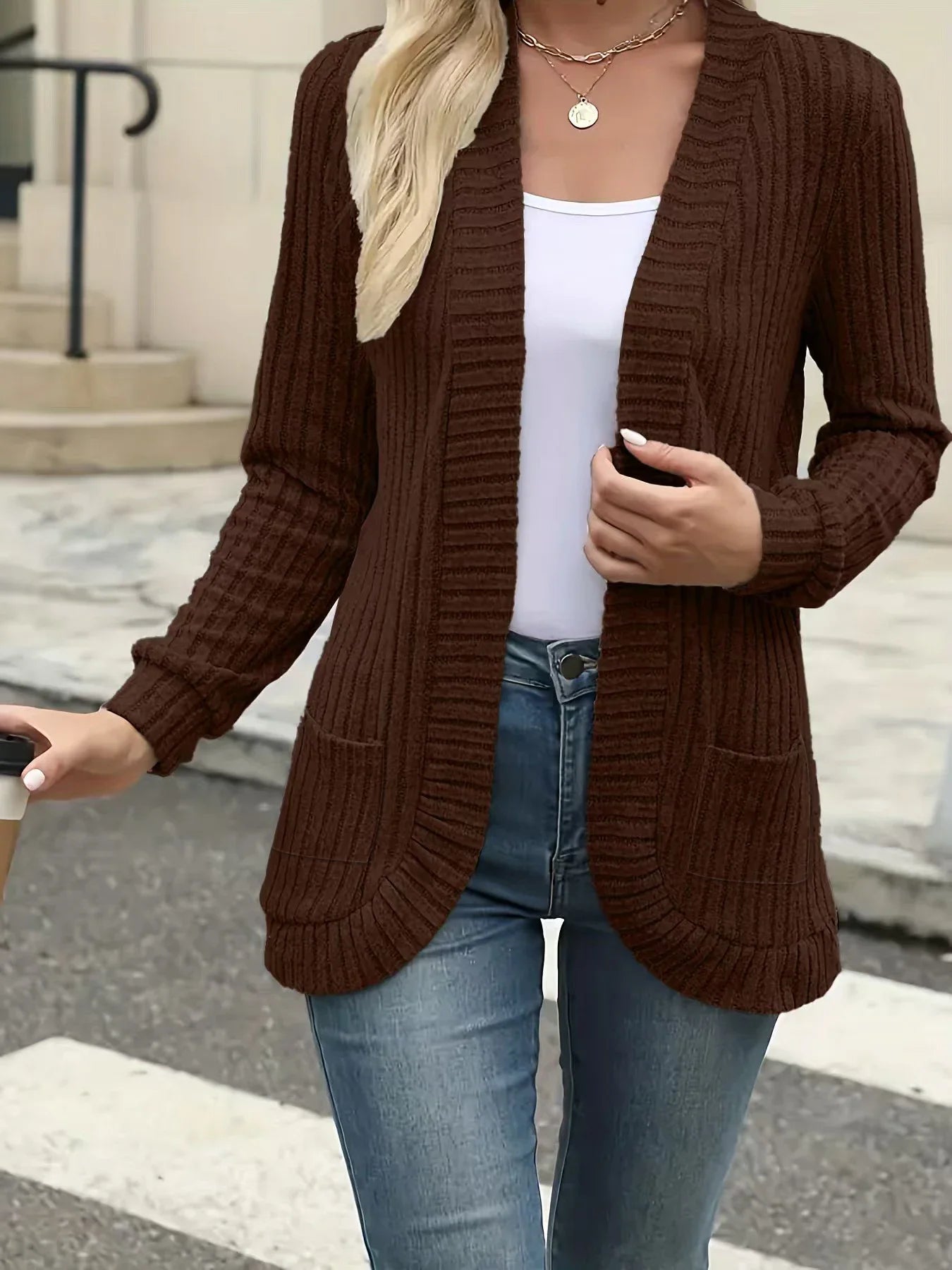 Women Brushed Knit Cardigan Jacket With Pockets Casual Style