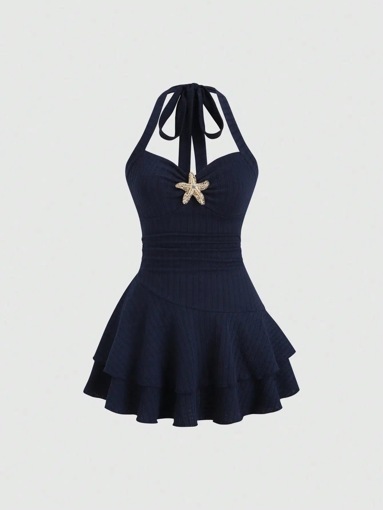 Women's Halter Neck Beach Mini Dress with Starfish Decor, Ruched Bust & Layered Ruffle Hem, Spring Summer
