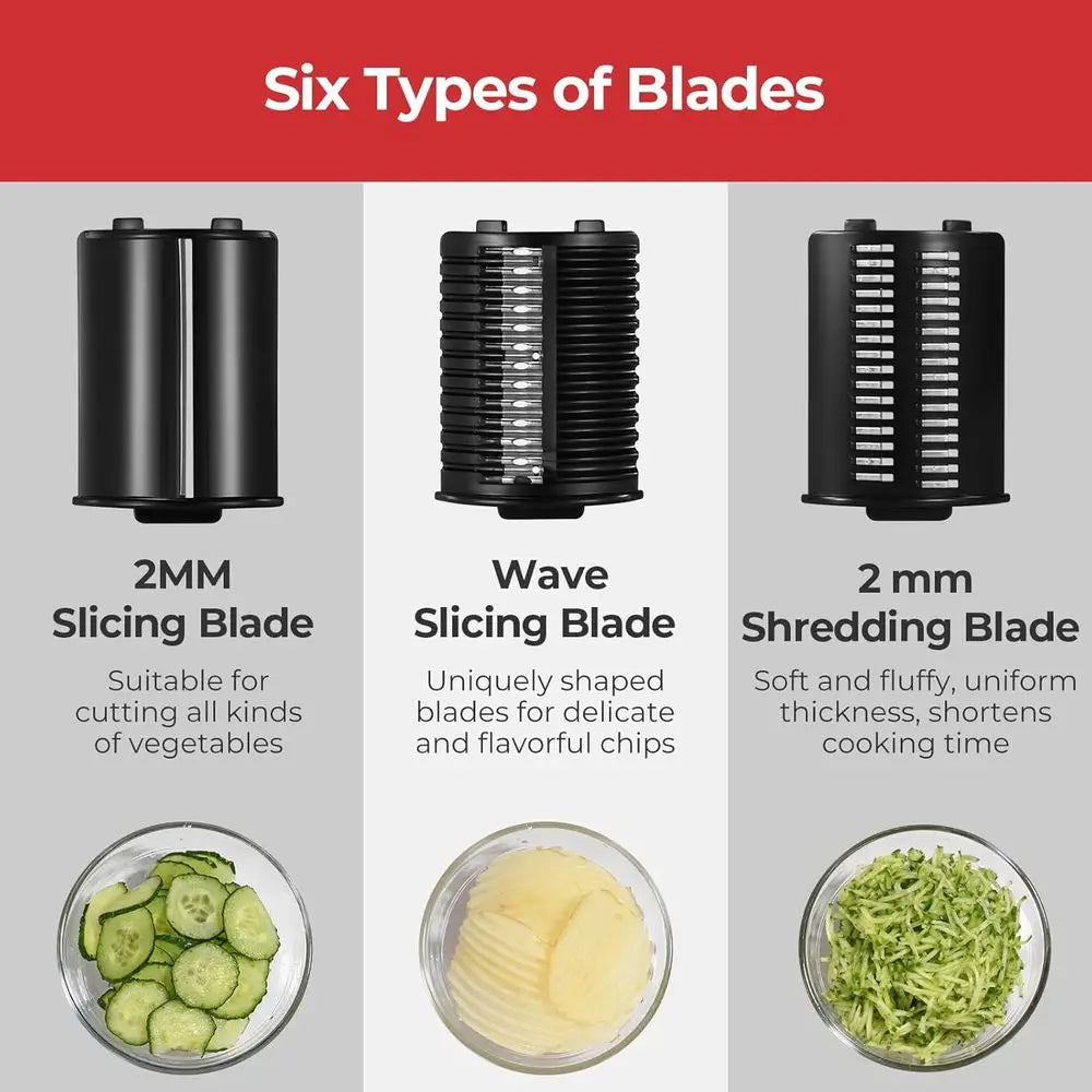 Electric Cheese Grater, Salad Maker with 6 Different Shapes of Blades, 250W Electric Slicer Shredder for Cheeses, Fruits, Vegeta