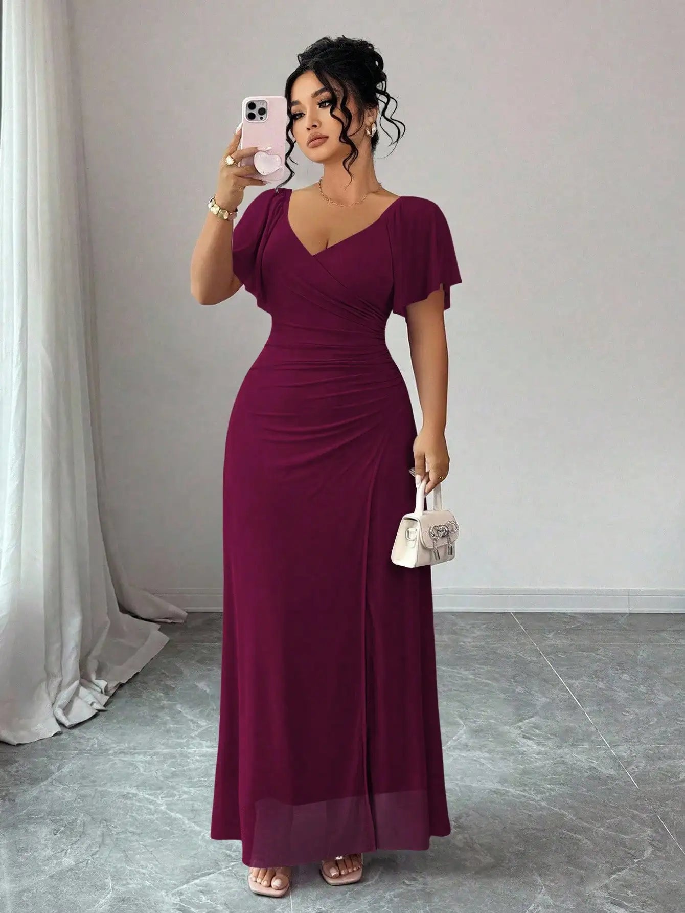 Lavender V-Neck Ruffle Sleeve Pleated Maxi Dress for Bridesmaid Wedding Party Formal Occasion