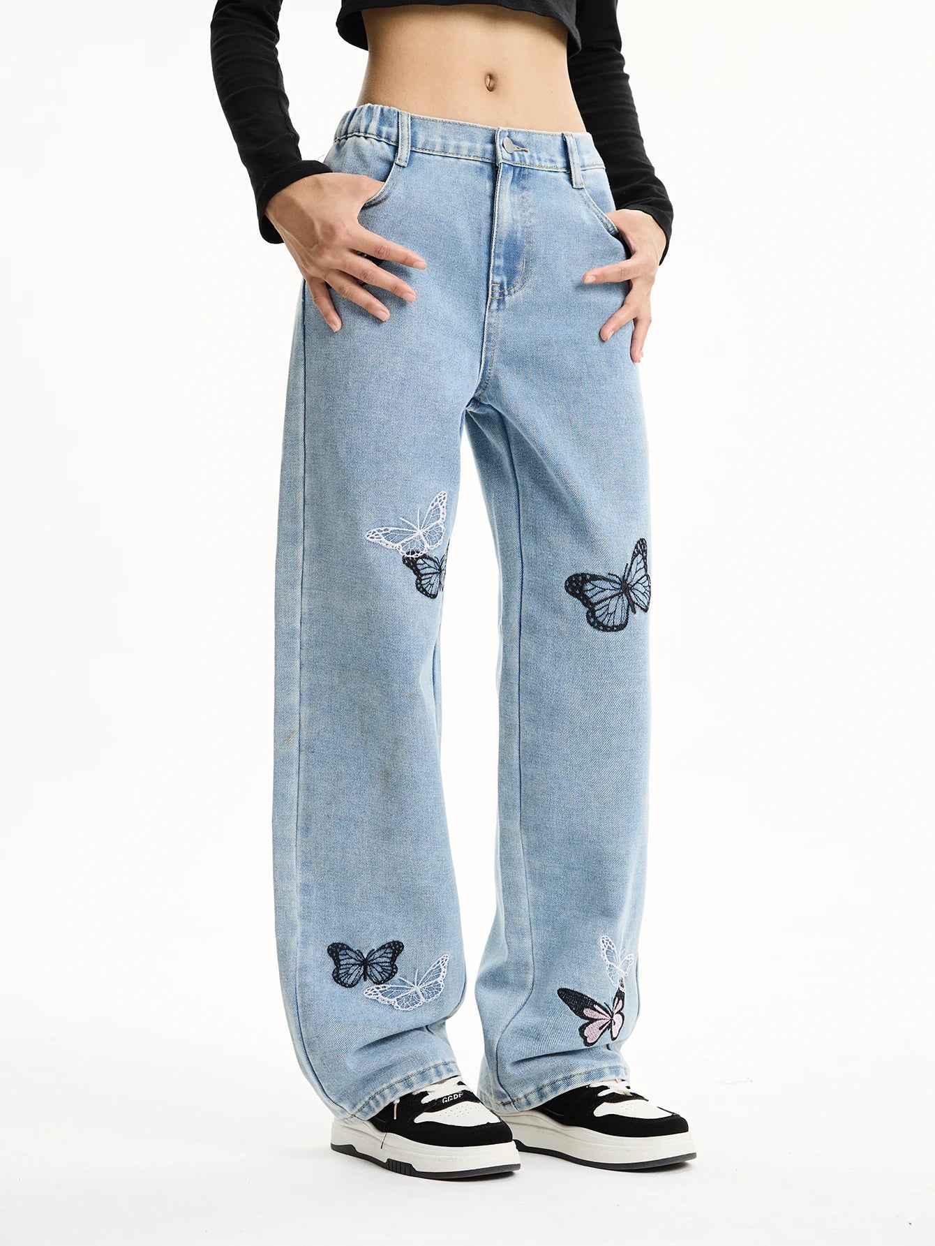 Girls' Butterfly Embroidered Light Blue Washed Jeans - Loose Fit Student Casual Stylish Straight Leg Pants
