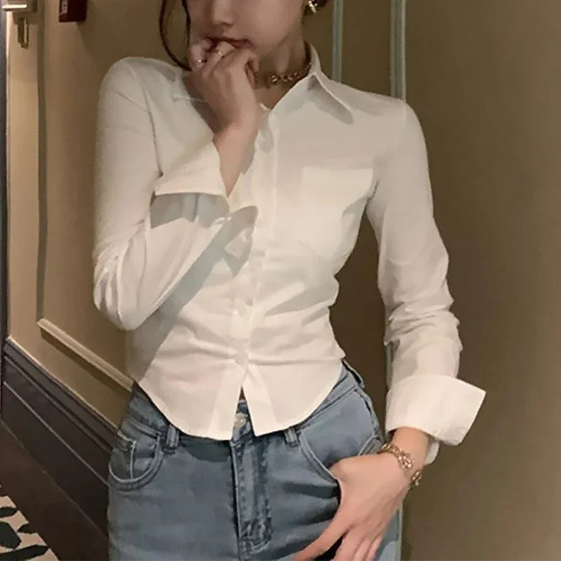 2025 Spring Commuter Long Sleeve New Female Crop Tops Korean White Office Women Chiffon Shirt Pocket Button Lapel Ladies Blouse