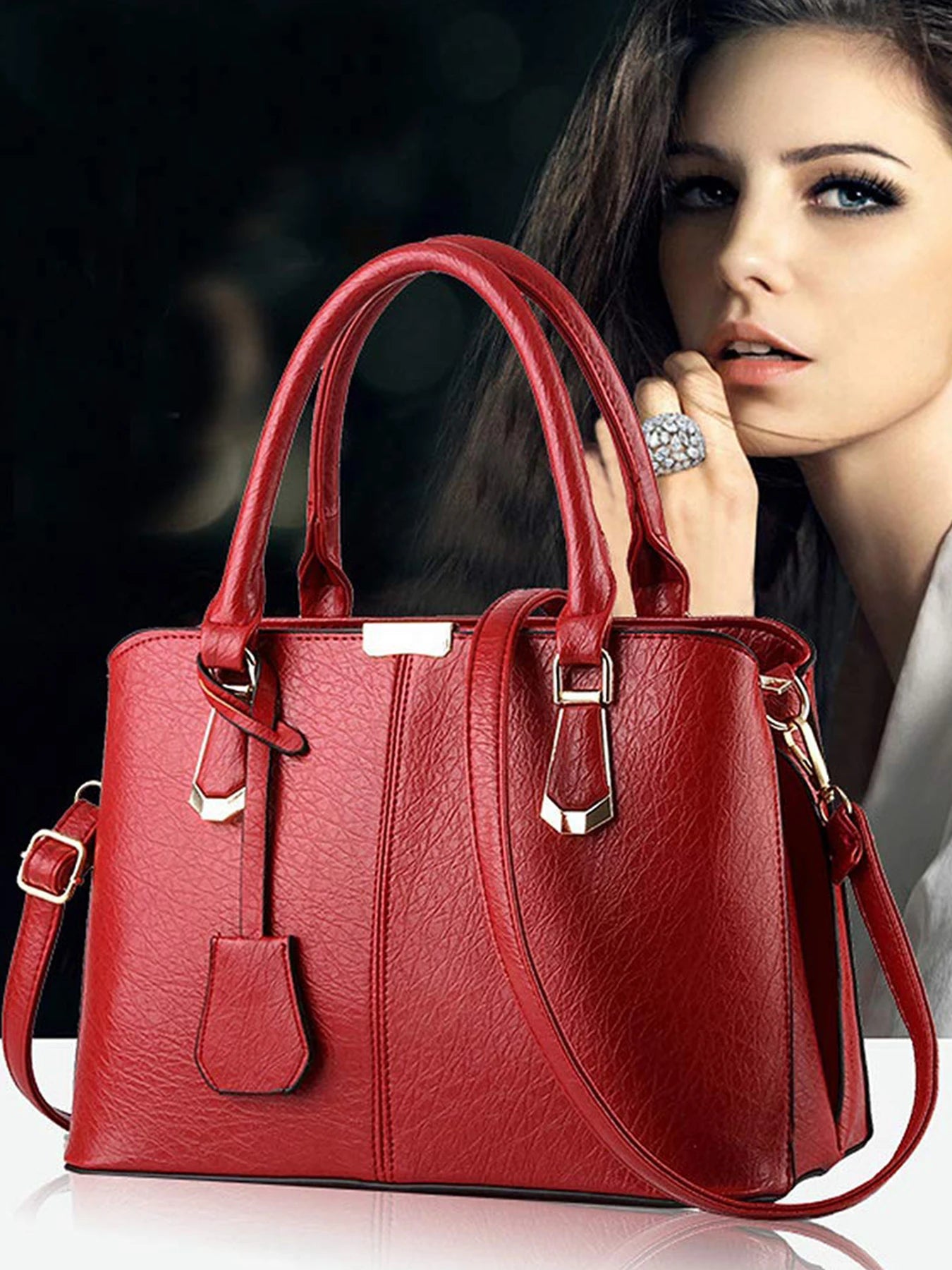 Women PU Leather Handbag Satchel Tote With Adjustable Handle