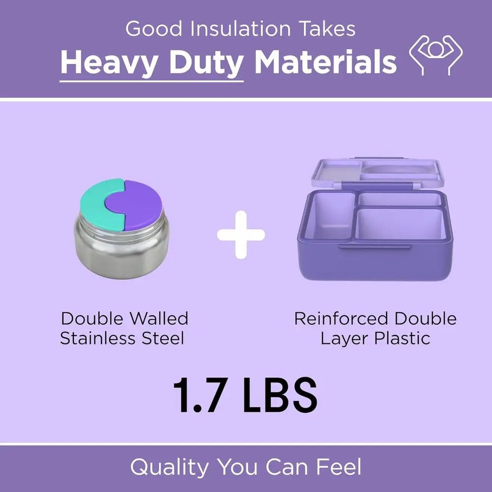 Insulated Bento Lunch Box with Leak Proof Vacuum Insulated Food Jar - 3 Compartments, Two Temperature Zones