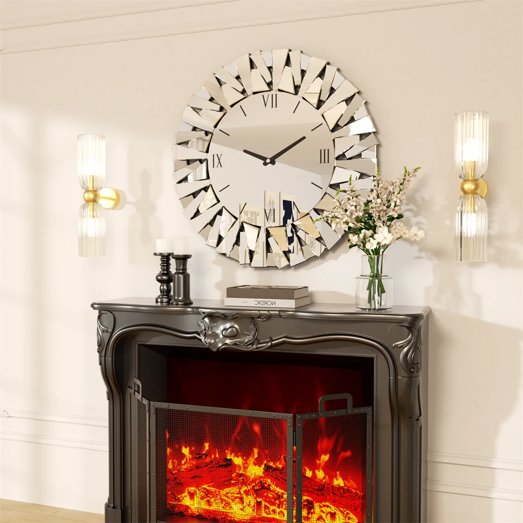 Mirror Sunburst Wall Clock 3D Round Roman Numeral Modern Decor