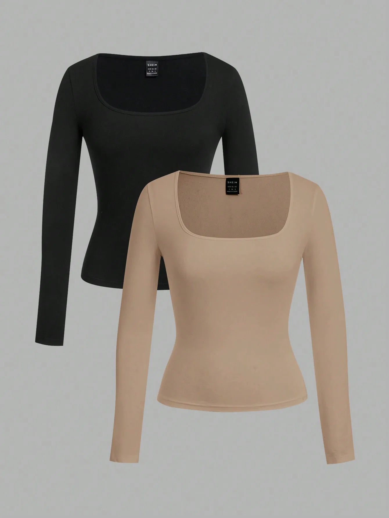 2-Pack Women's Square Neck Long Sleeve Fitted T-Shirts - Black & White, Casual Basic Tops for Autumn Winter